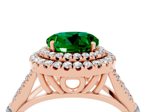 Rose gold Round Cut Emerald Double Halo Ring with Split Shank and Prong Setting_16