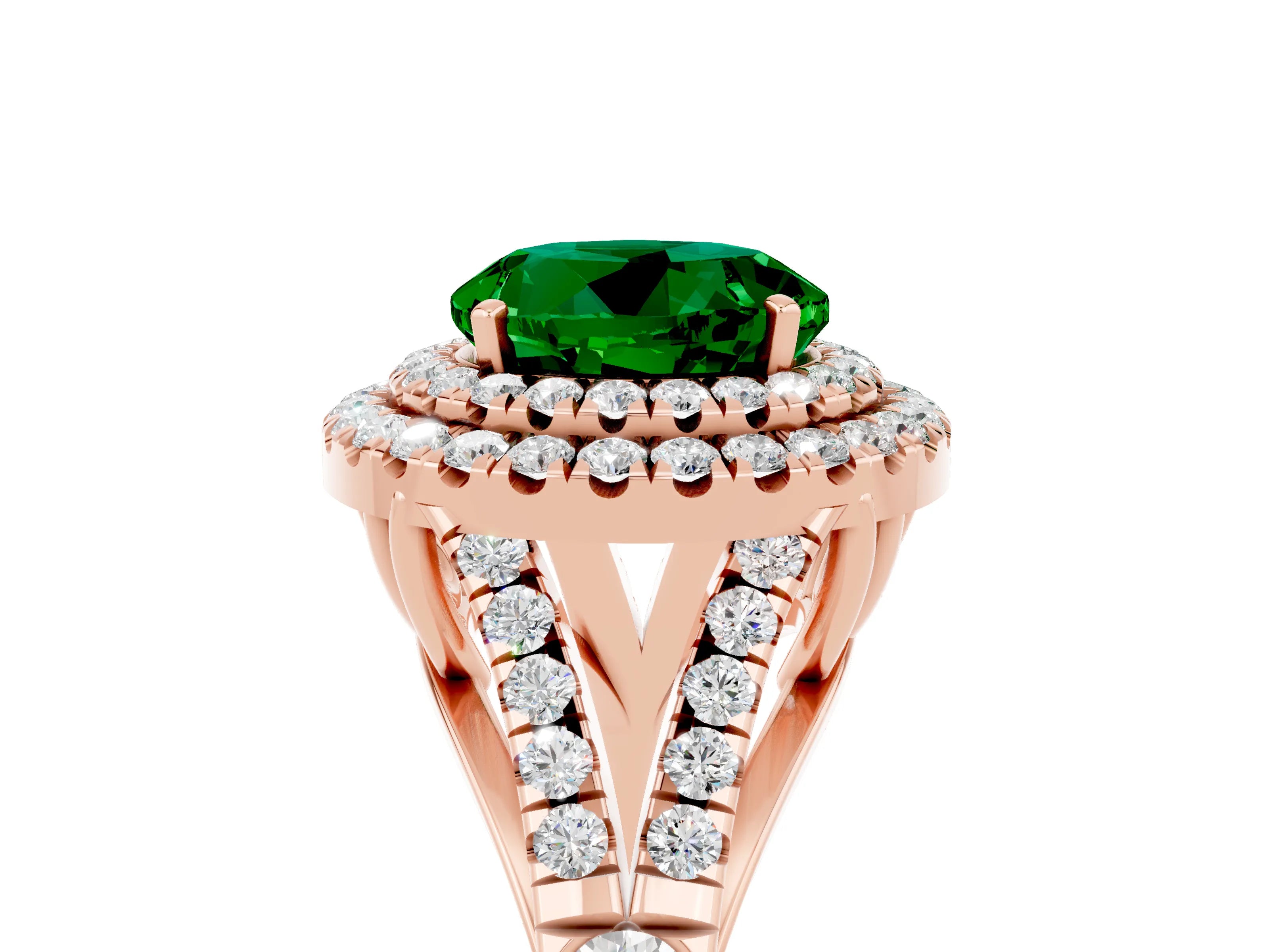 Rose gold Round Cut Emerald Double Halo Ring with Split Shank and Prong Setting_17