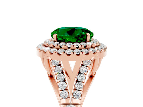 Rose gold Round Cut Emerald Double Halo Ring with Split Shank and Prong Setting_17