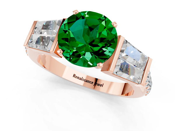 Rose gold Round Cut Emerald Engagement Ring with Baguette Side Stones and Channel Set Band