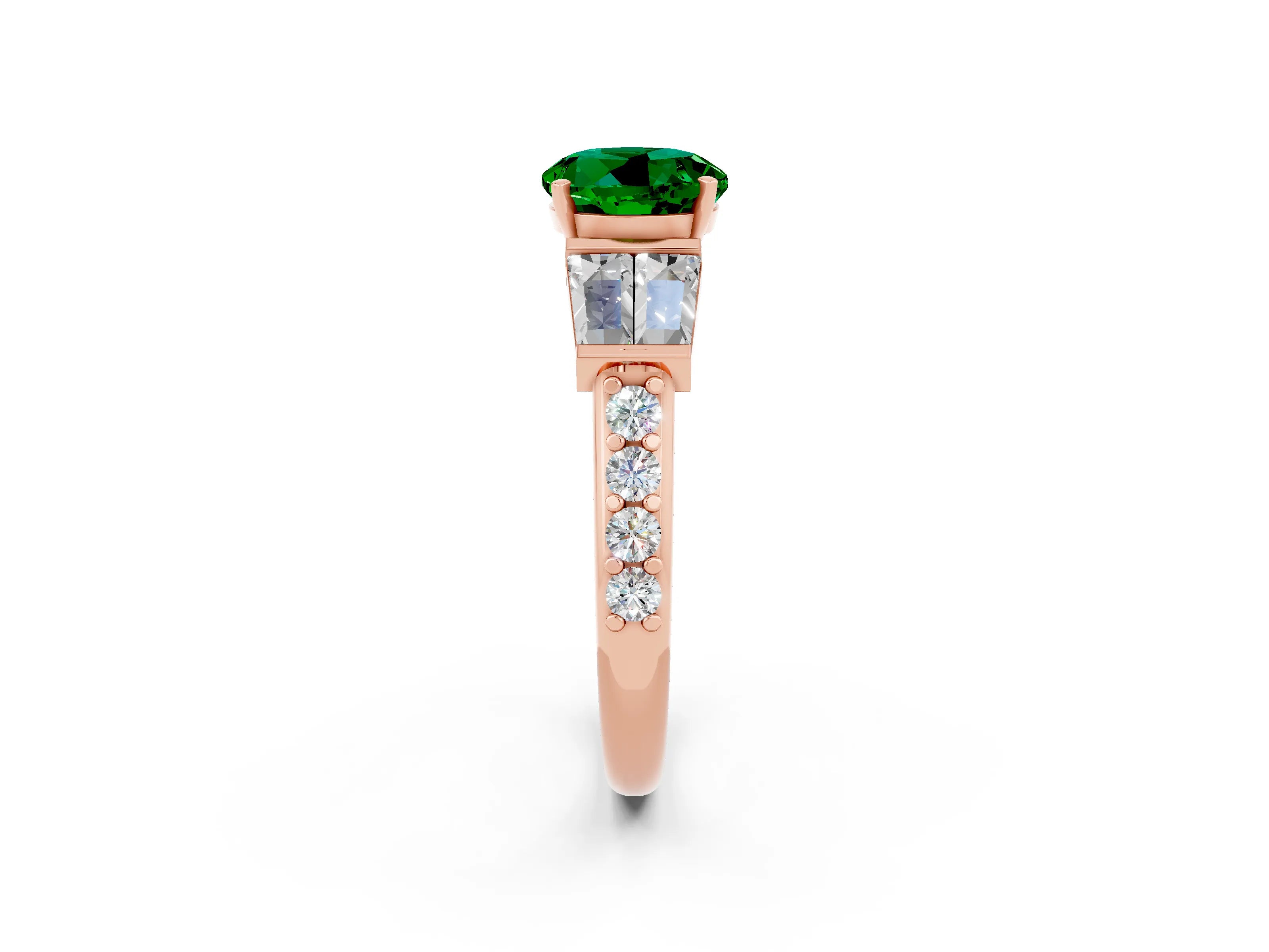 Rose gold Round Cut Emerald Engagement Ring with Baguette Side Stones and Channel Set Band_2