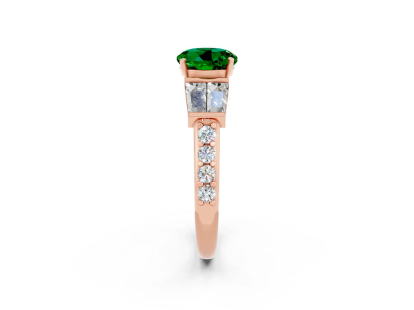 Rose gold Round Cut Emerald Engagement Ring with Baguette Side Stones and Channel Set Band