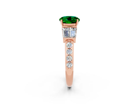 Rose gold Round Cut Emerald Engagement Ring with Baguette Side Stones and Channel Set Band_2