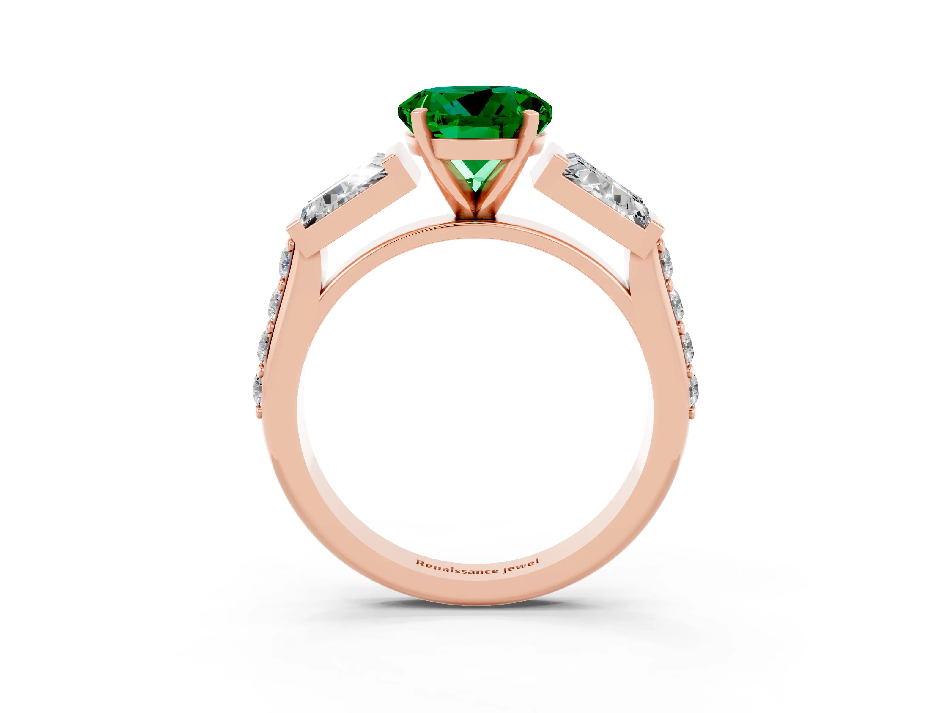 Rose gold Round Cut Emerald Engagement Ring with Baguette Side Stones and Channel Set Band_3