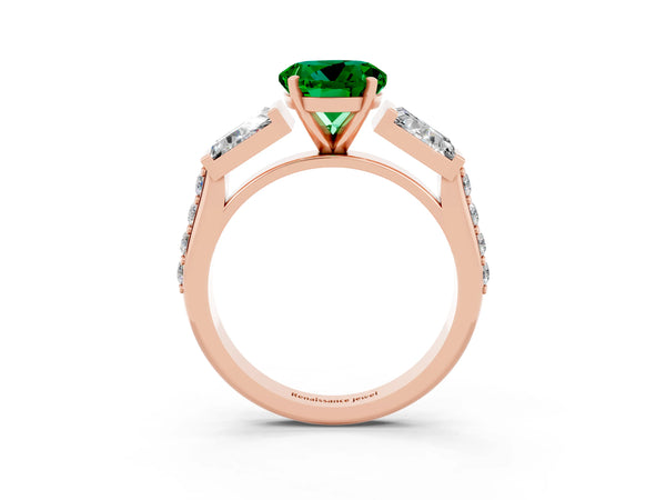 Rose gold Round Cut Emerald Engagement Ring with Baguette Side Stones and Channel Set Band