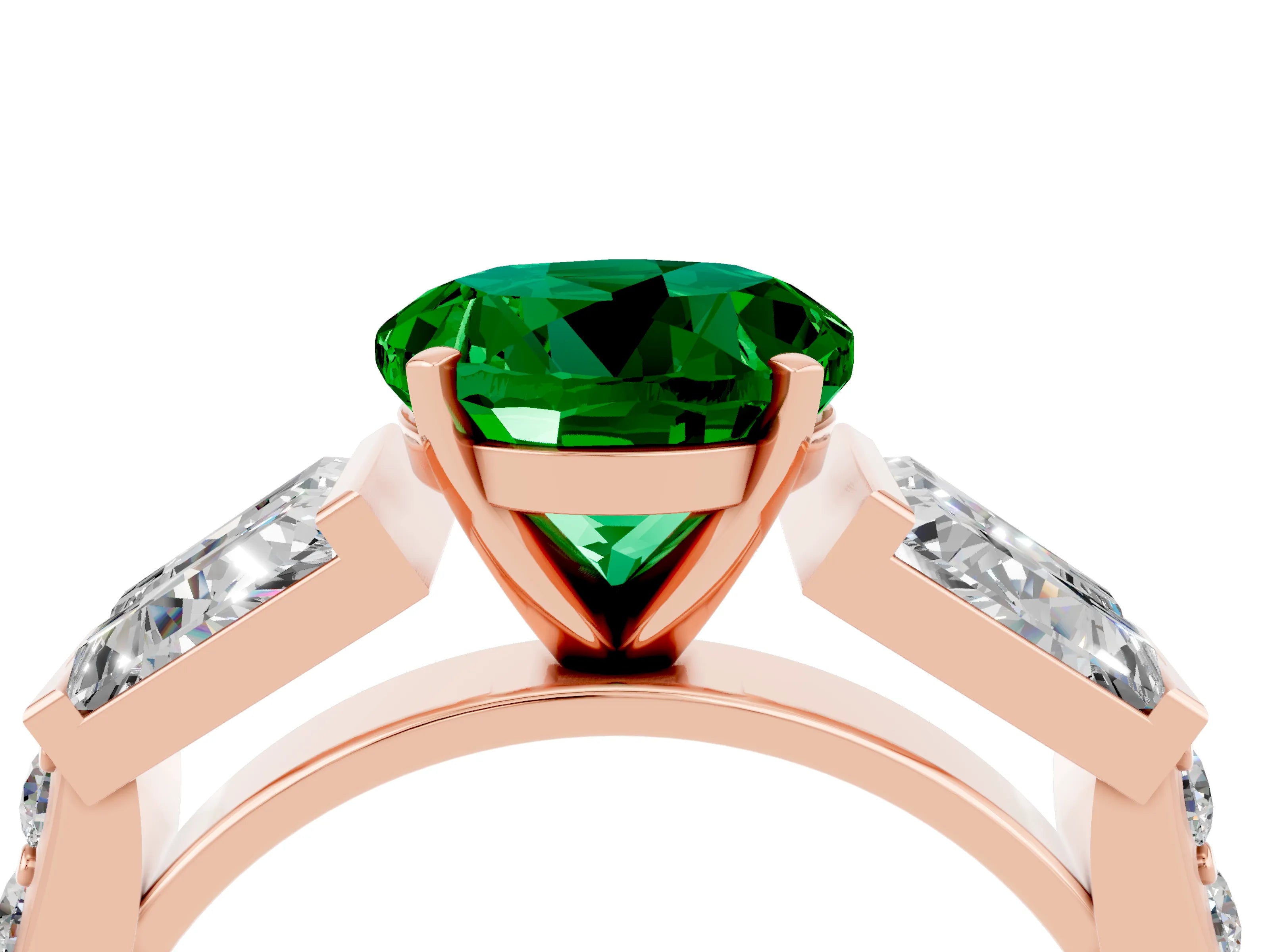 Rose gold Round Cut Emerald Engagement Ring with Baguette Side Stones and Channel Set Band_4