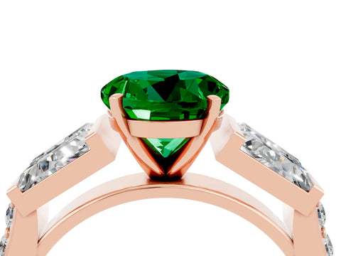 Rose gold Round Cut Emerald Engagement Ring with Baguette Side Stones and Channel Set Band_4