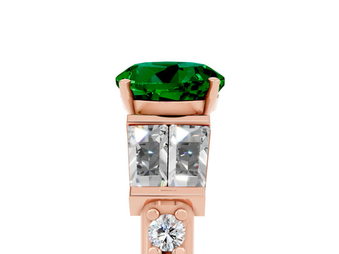 Rose gold Round Cut Emerald Engagement Ring with Baguette Side Stones and Channel Set Band_5