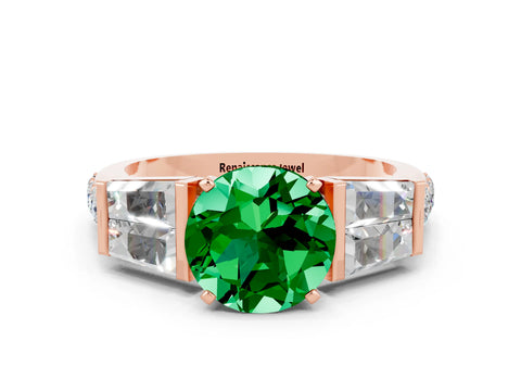 Rose gold Round Cut Emerald Engagement Ring with Baguette Side Stones and Channel Set Band
