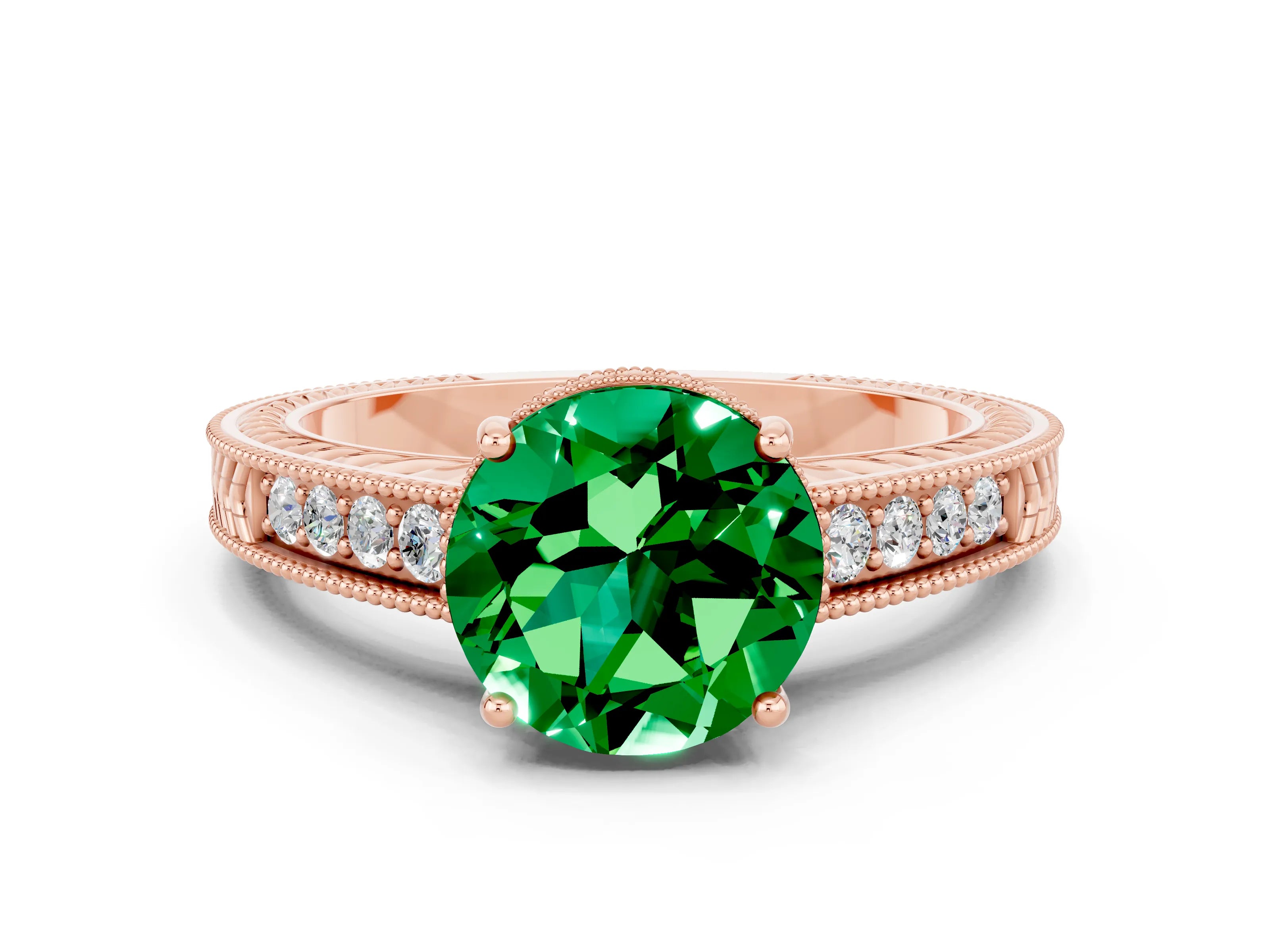 Rose gold Round Cut Emerald Engagement Ring with Milgrain Channel Set Band and Prong Setting