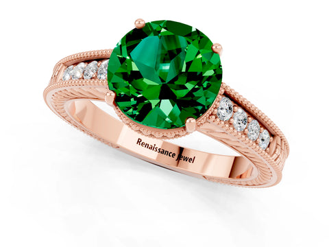 Rose gold Round Cut Emerald Engagement Ring with Milgrain Channel Set Band and Prong Setting_1