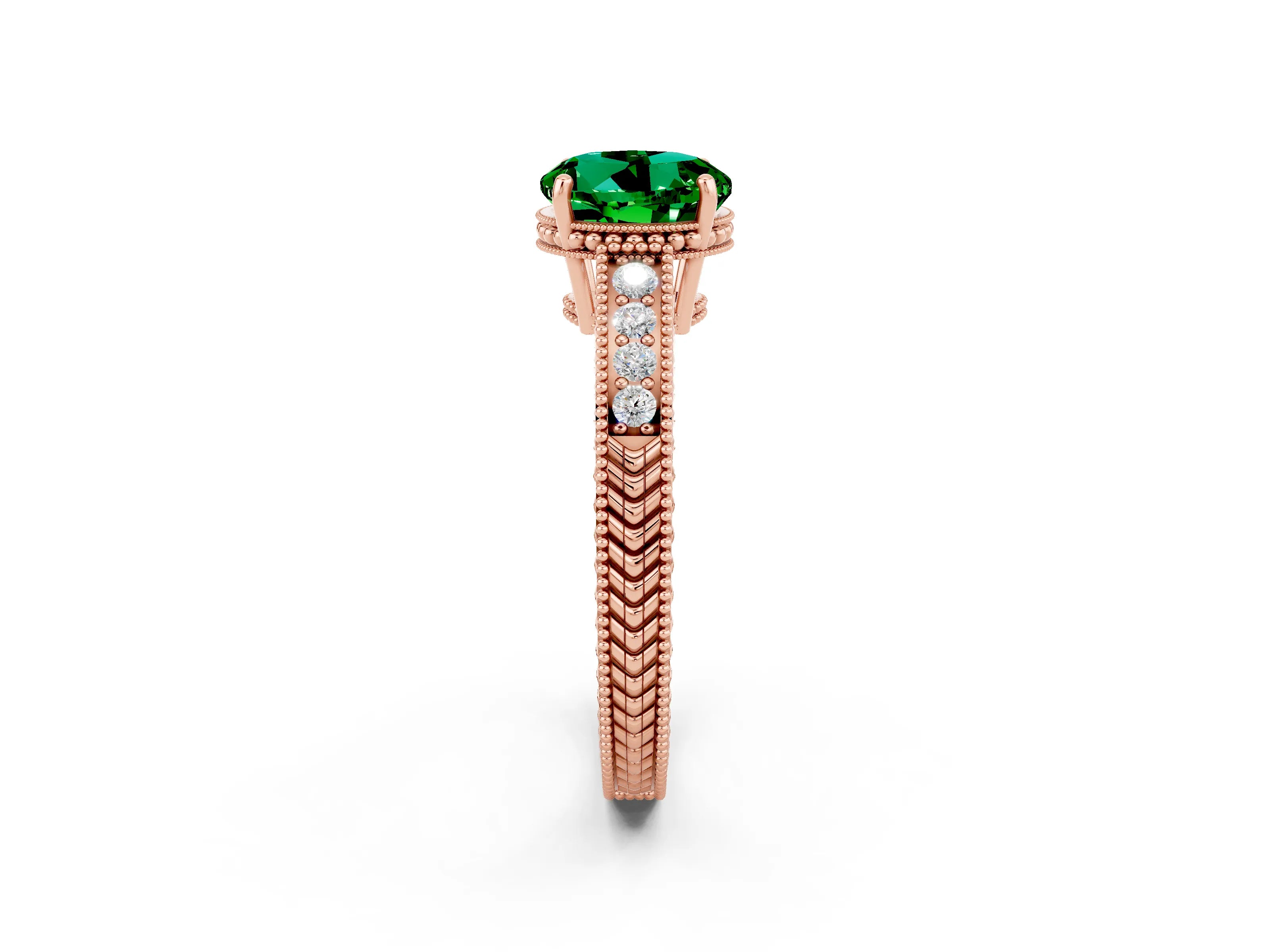 Rose gold Round Cut Emerald Engagement Ring with Milgrain Channel Set Band and Prong Setting_2
