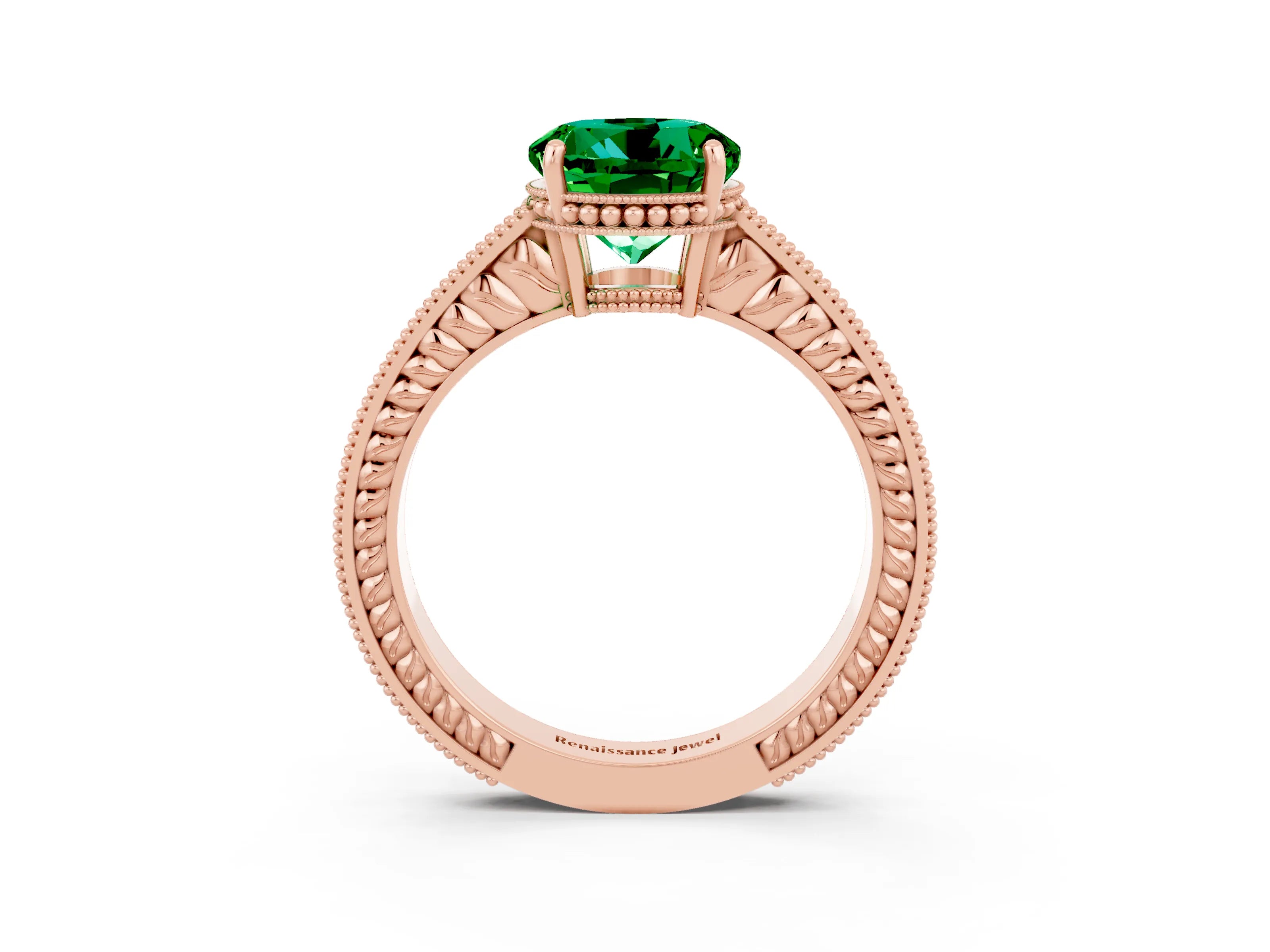 Rose gold Round Cut Emerald Engagement Ring with Milgrain Channel Set Band and Prong Setting_3