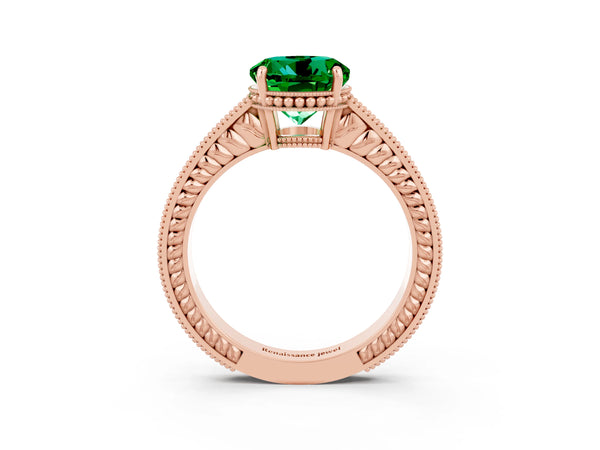 Rose gold Round Cut Emerald Engagement Ring with Milgrain Channel Set Band and Prong Setting