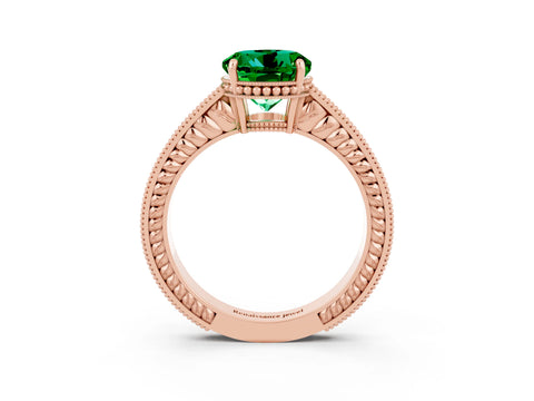 Rose gold Round Cut Emerald Engagement Ring with Milgrain Channel Set Band and Prong Setting_3