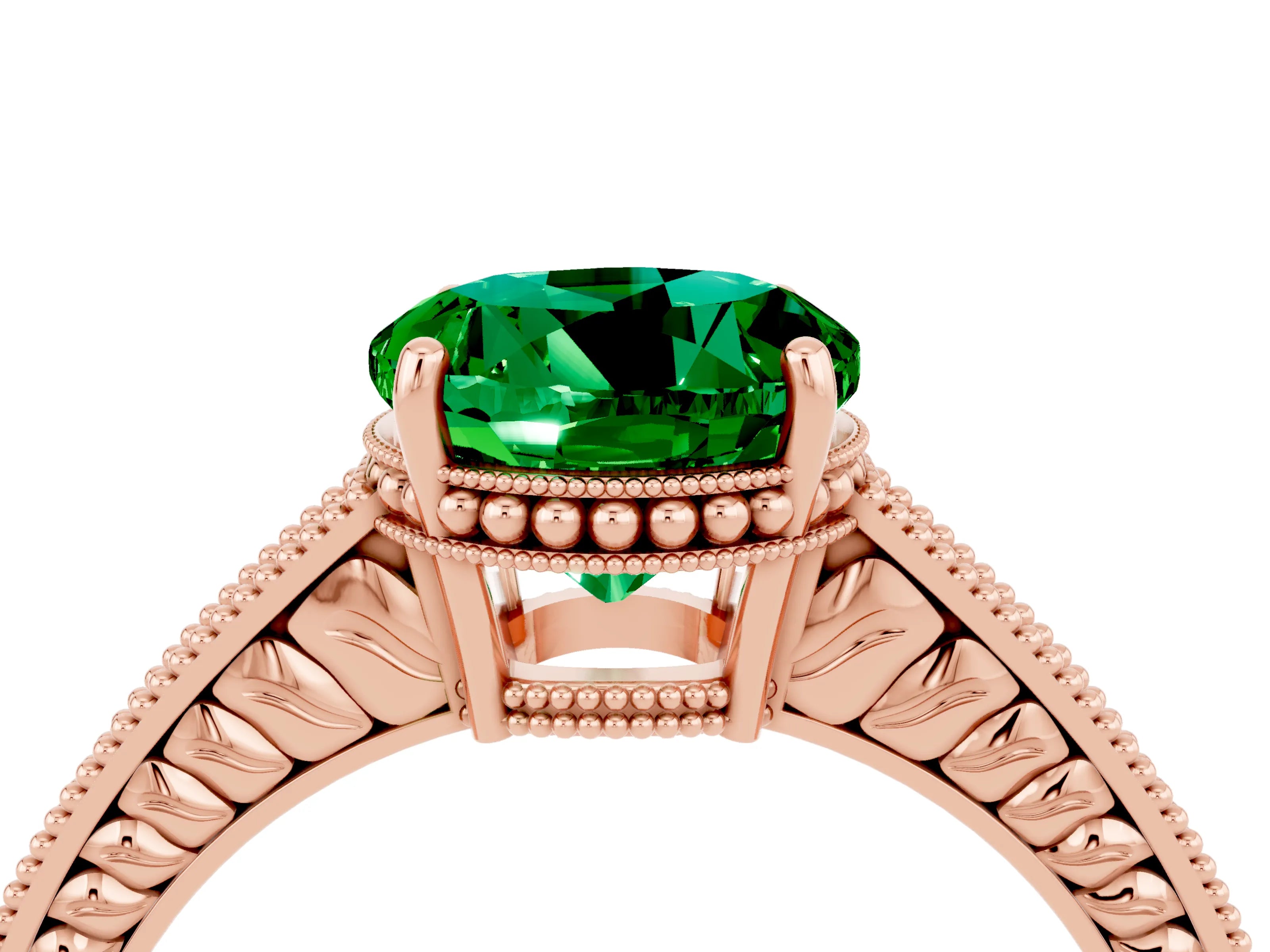 Rose gold Round Cut Emerald Engagement Ring with Milgrain Channel Set Band and Prong Setting_4