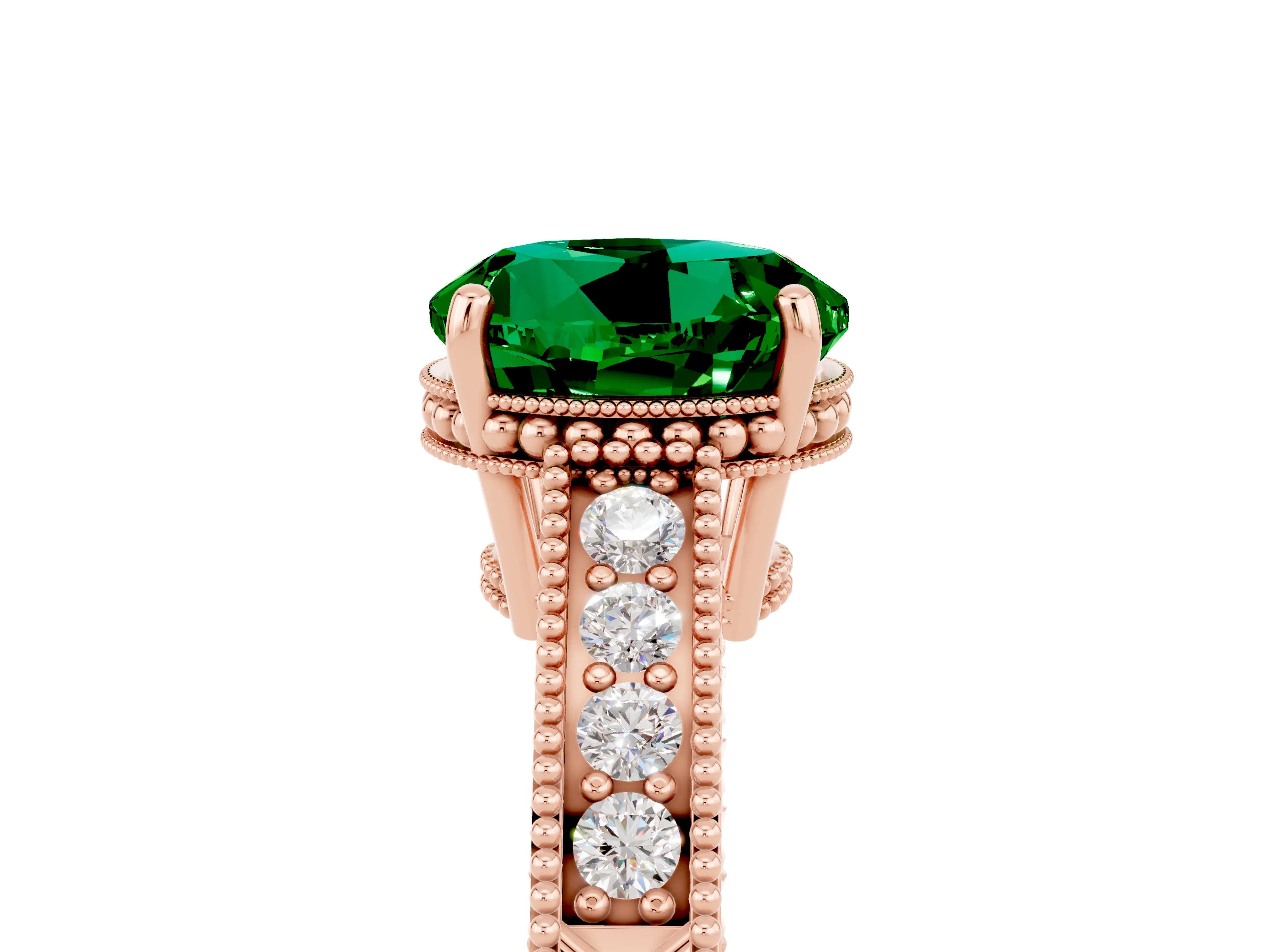 Rose gold Round Cut Emerald Engagement Ring with Milgrain Channel Set Band and Prong Setting_5