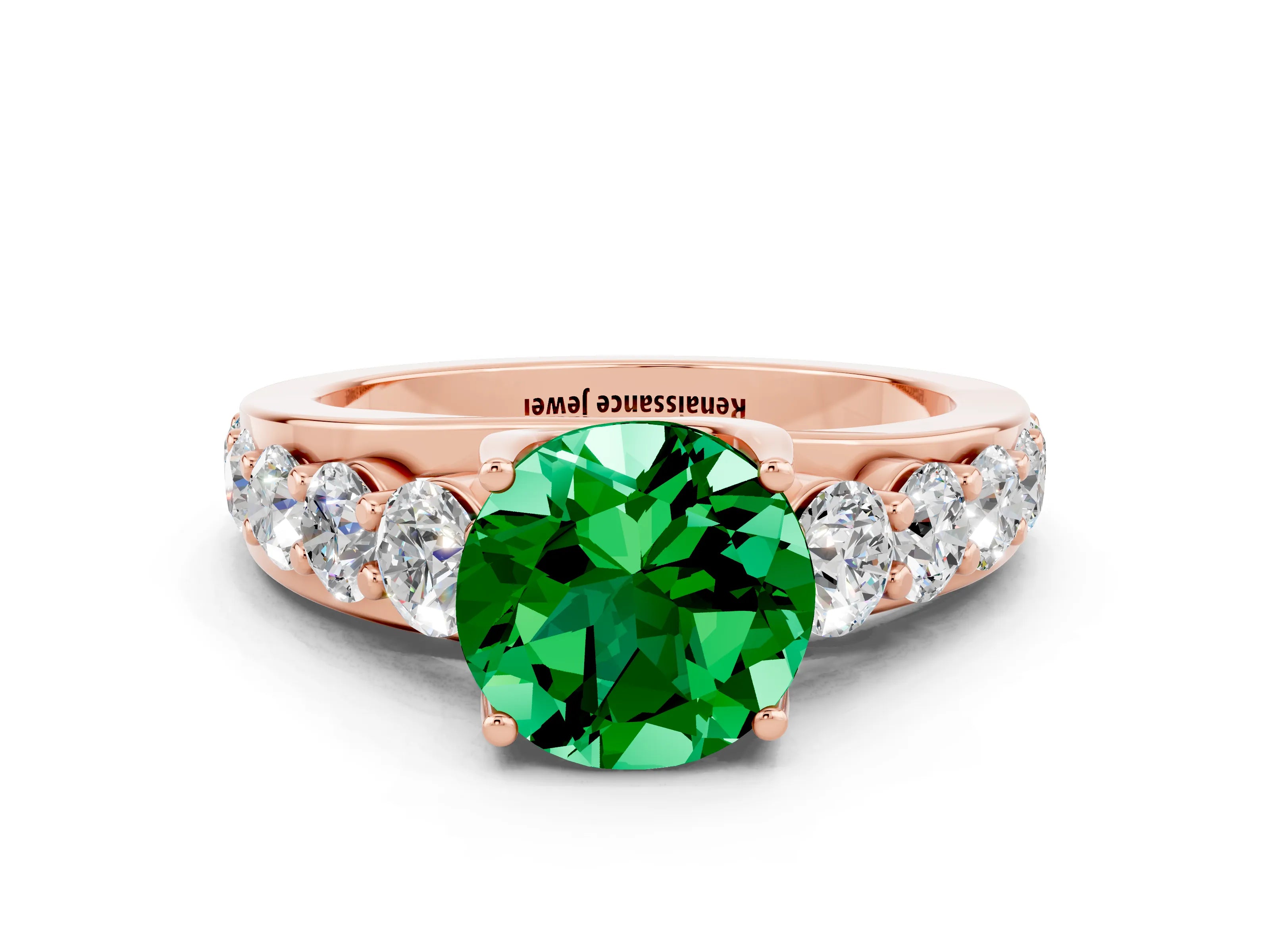 Rose gold Round Cut Emerald Engagement Ring with Pavé Band and Four-Prong Setting