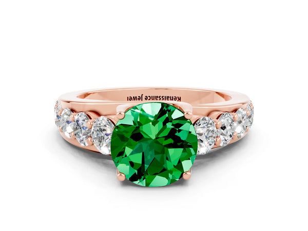 Rose gold Round Cut Emerald Engagement Ring with Pavé Band and Four-Prong Setting
