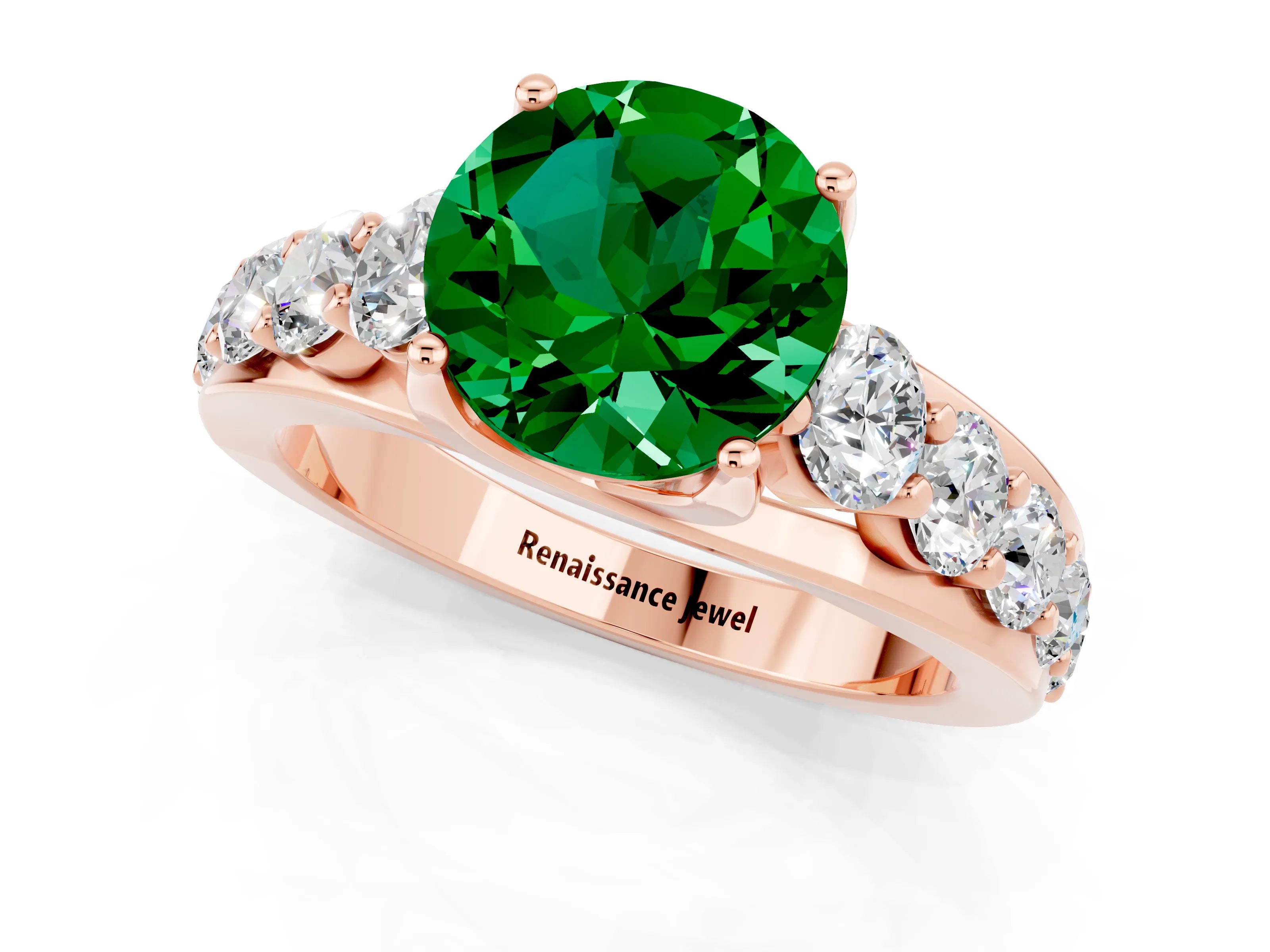 Rose gold Round Cut Emerald Engagement Ring with Pavé Band and Four-Prong Setting_1
