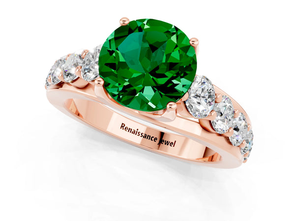 Rose gold Round Cut Emerald Engagement Ring with Pavé Band and Four-Prong Setting