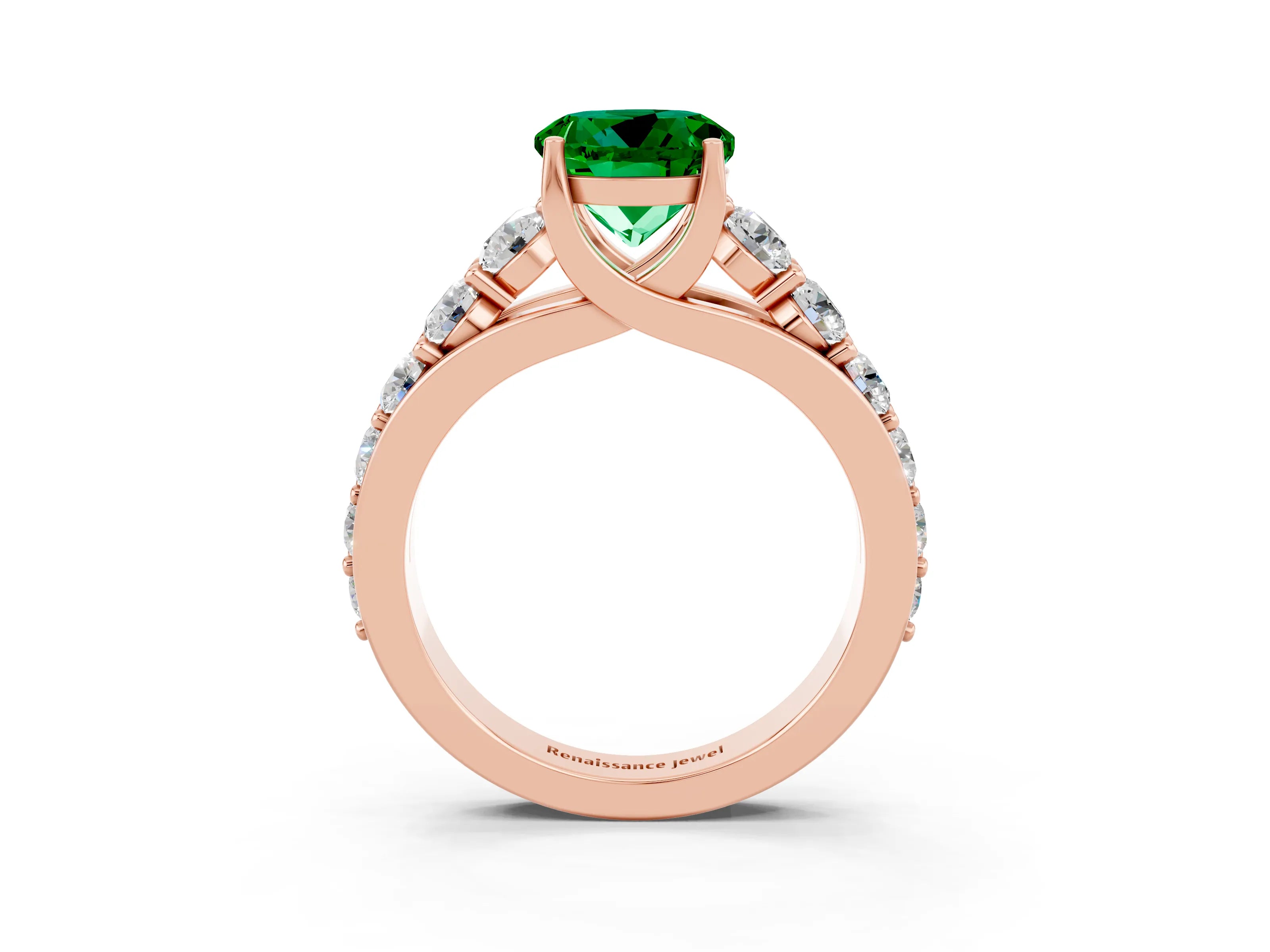 Rose gold Round Cut Emerald Engagement Ring with Pavé Band and Four-Prong Setting_3