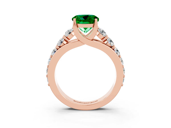 Rose gold Round Cut Emerald Engagement Ring with Pavé Band and Four-Prong Setting