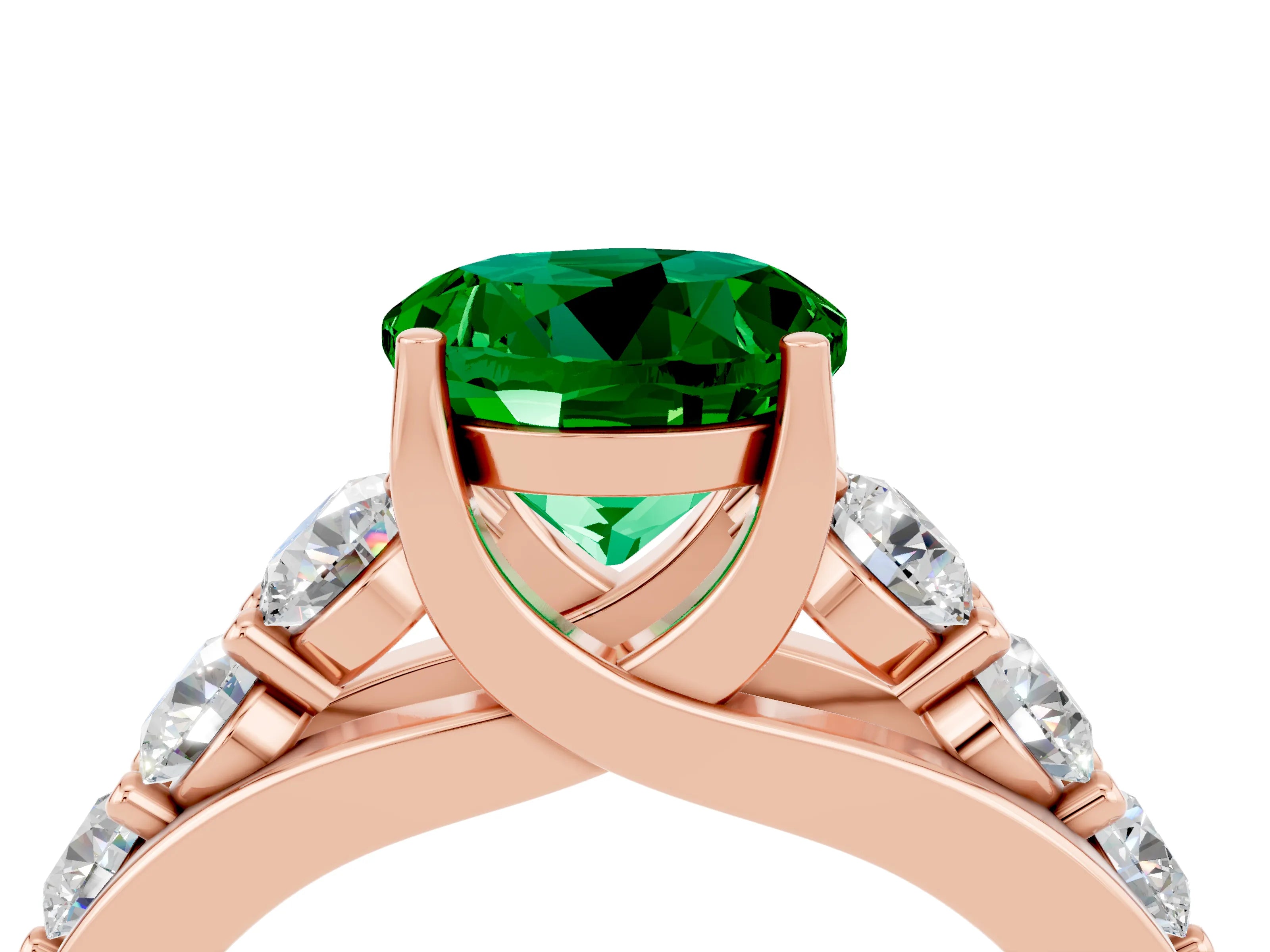 Rose gold Round Cut Emerald Engagement Ring with Pavé Band and Four-Prong Setting_4