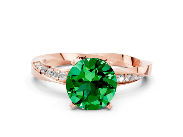 Rose gold Round Cut Emerald Engagement Ring with Side Stone Accents and Four-Prong Setting
