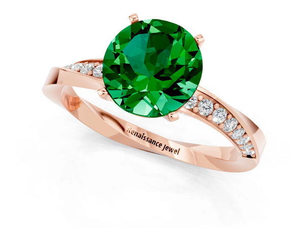 Rose gold Round Cut Emerald Engagement Ring with Side Stone Accents and Four-Prong Setting