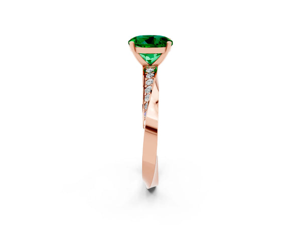 Rose gold Round Cut Emerald Engagement Ring with Side Stone Accents and Four-Prong Setting