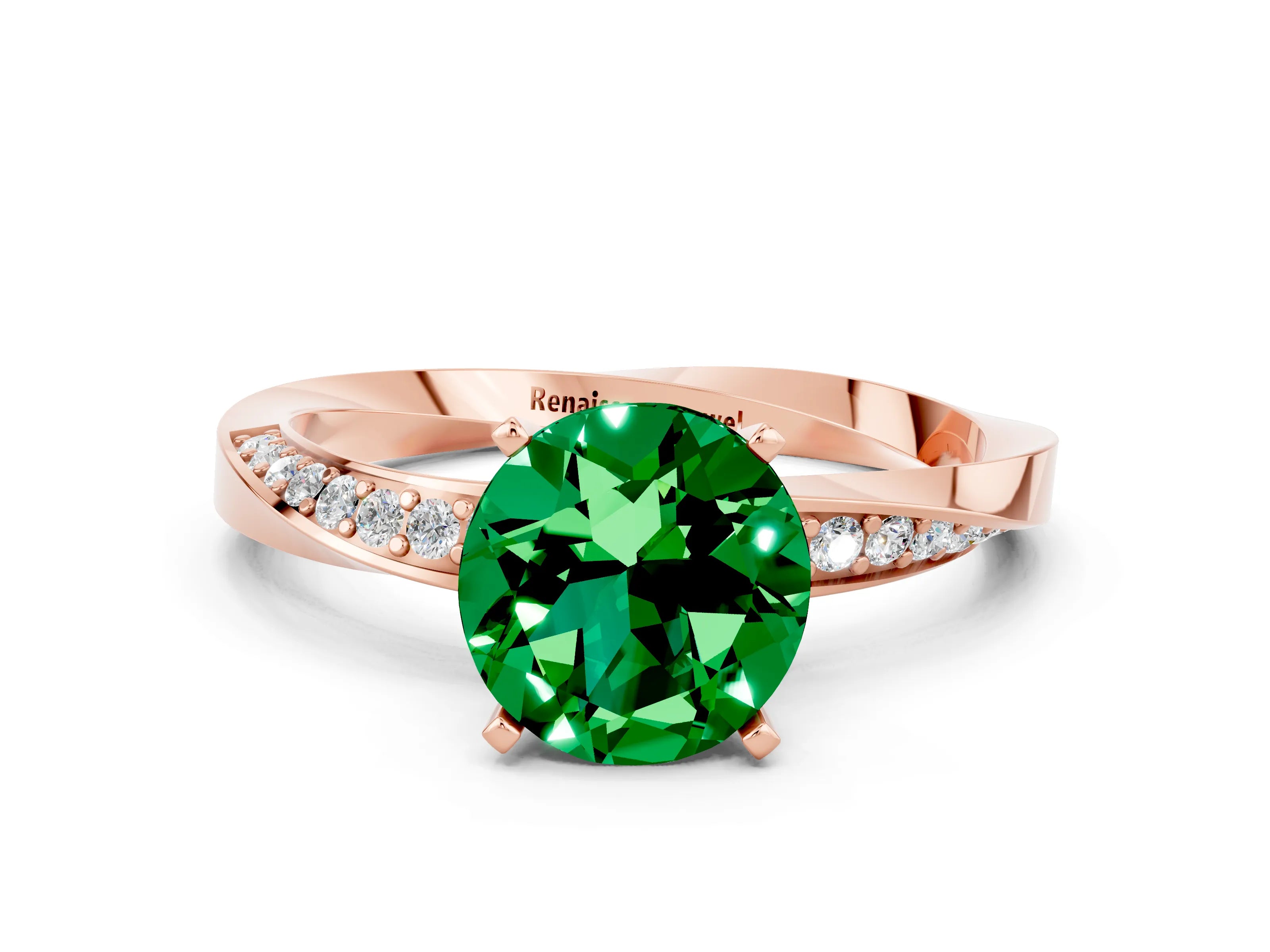 Rose gold Round Cut Emerald Engagement Ring with Side Stone Accents and Four-Prong Setting_27