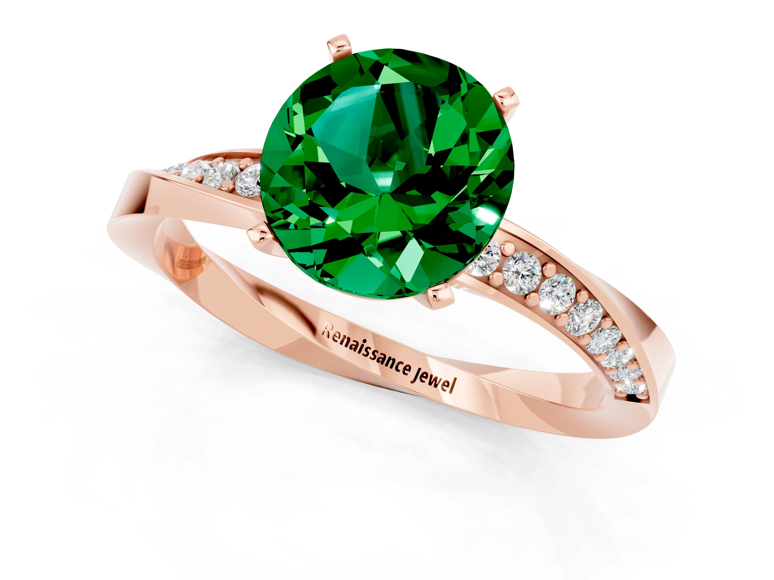 Rose gold Round Cut Emerald Engagement Ring with Side Stone Accents and Four-Prong Setting_28