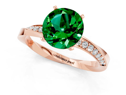 Rose gold Round Cut Emerald Engagement Ring with Side Stone Accents and Four-Prong Setting_28