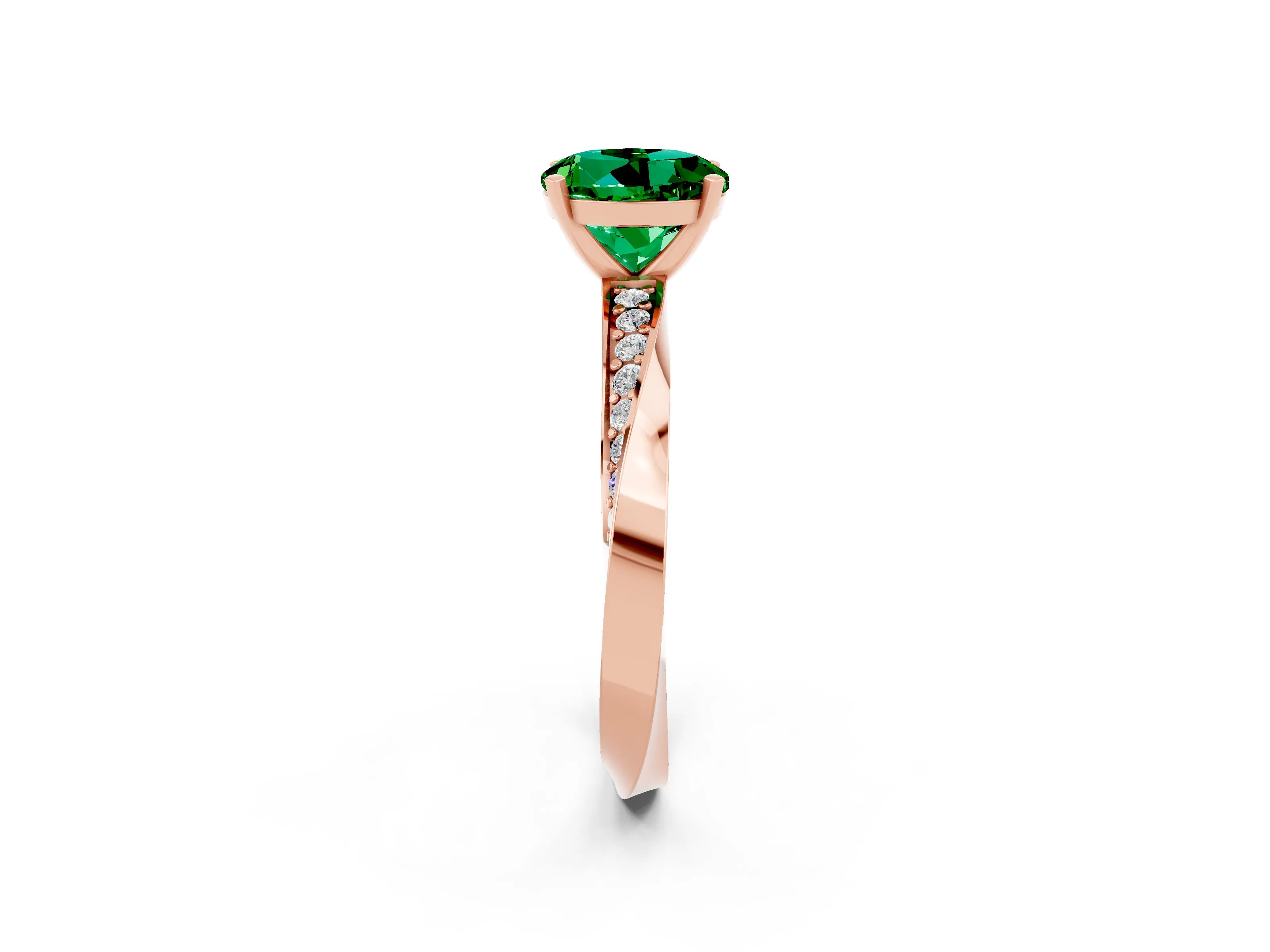 Rose gold Round Cut Emerald Engagement Ring with Side Stone Accents and Four-Prong Setting_29