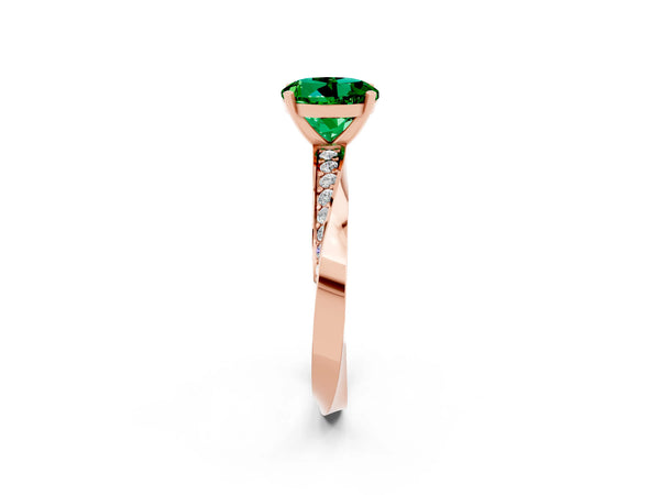 Rose gold Round Cut Emerald Engagement Ring with Side Stone Accents and Four-Prong Setting