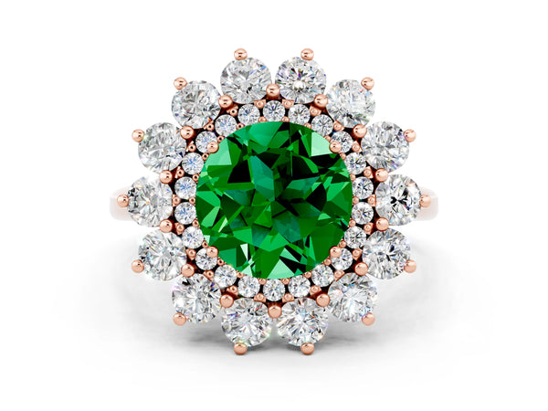 Rose gold Round Cut Emerald Floral Double Halo Engagement Ring with Prong Setting