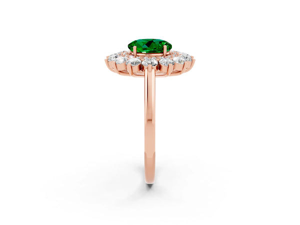 Rose gold Round Cut Emerald Floral Double Halo Engagement Ring with Prong Setting