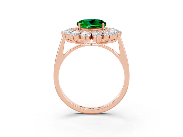 Rose gold Round Cut Emerald Floral Double Halo Engagement Ring with Prong Setting
