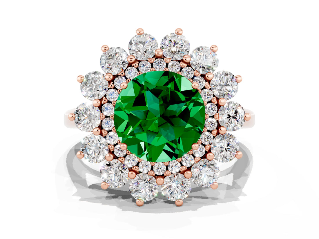 Rose gold Round Cut Emerald Floral Double Halo Engagement Ring with Prong Setting_60