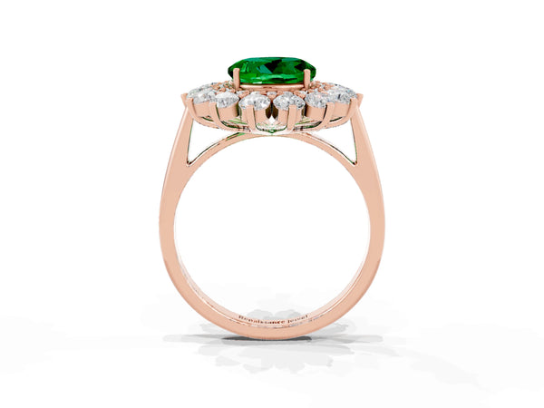 Rose Gold Round Lab-Grown Emerald Floral Double Halo Engagement Ring with Plain Band