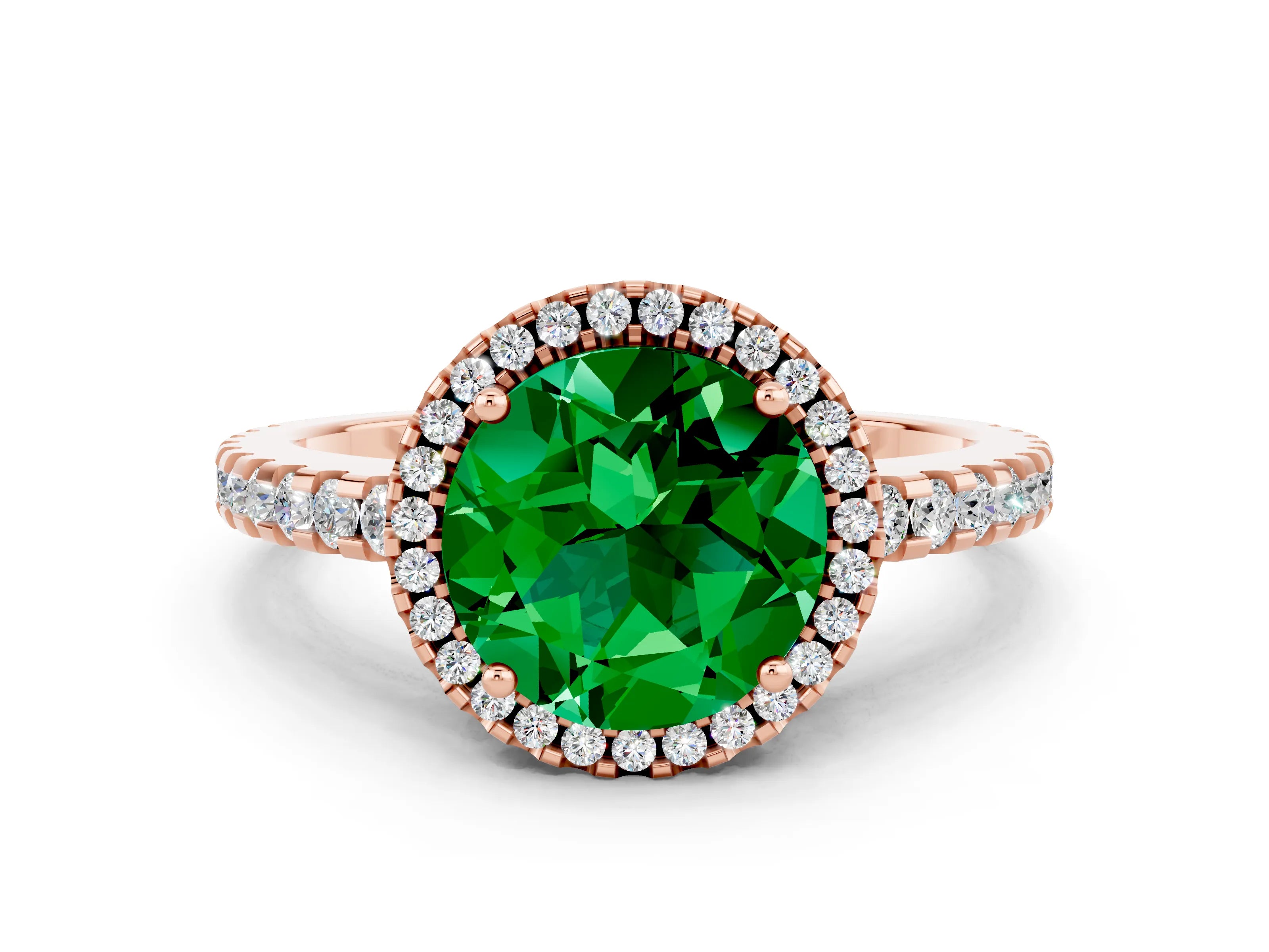 Rose gold Round Cut Emerald Halo Engagement Ring with Pavé Band and Prong Setting_12