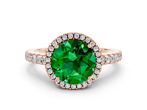 Rose gold Round Cut Emerald Halo Engagement Ring with Pavé Band and Prong Setting_12