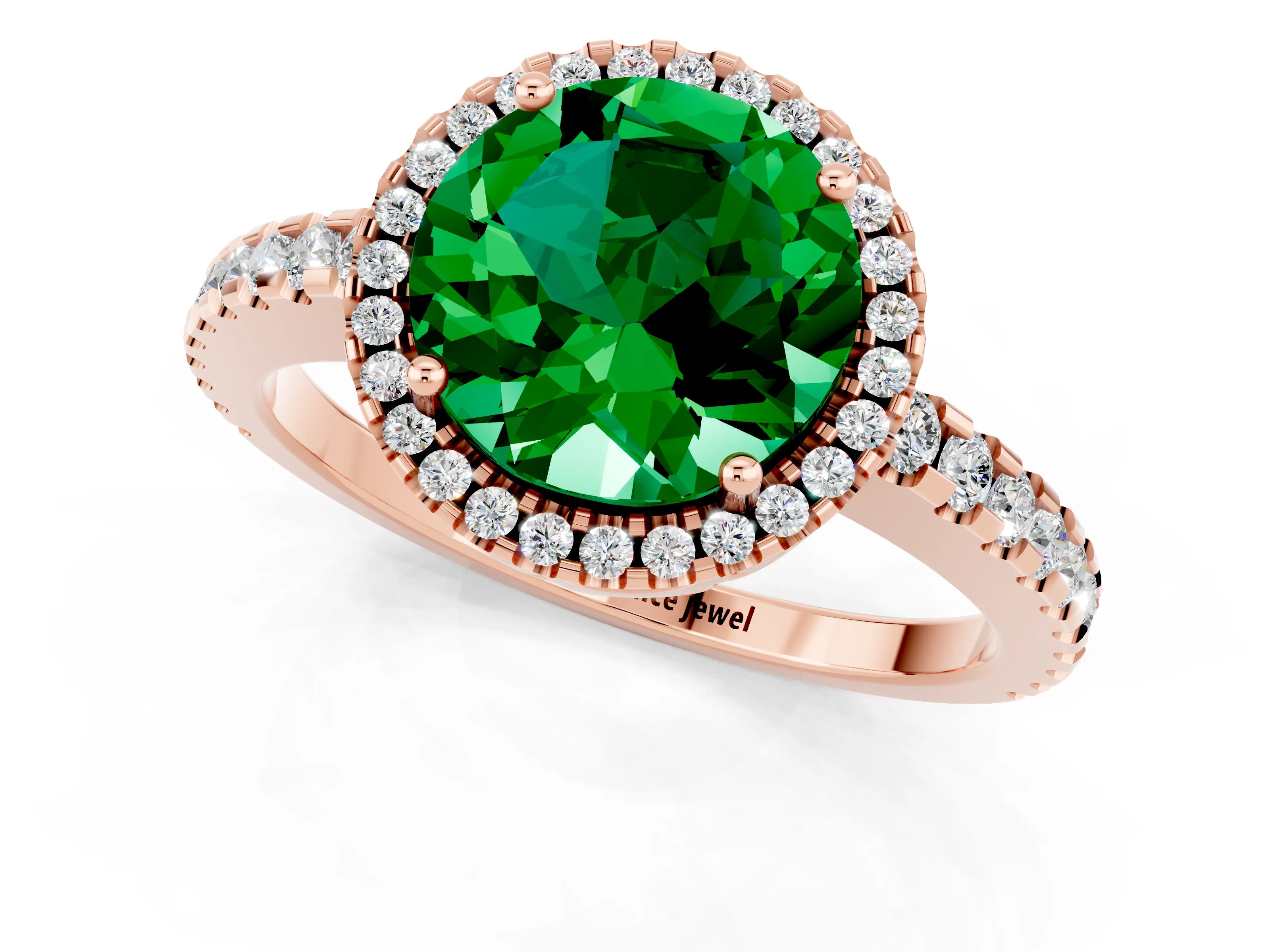 Rose gold Round Cut Emerald Halo Engagement Ring with Pavé Band and Prong Setting_13