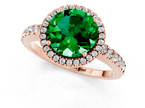 Rose gold Round Cut Emerald Halo Engagement Ring with Pavé Band and Prong Setting_13