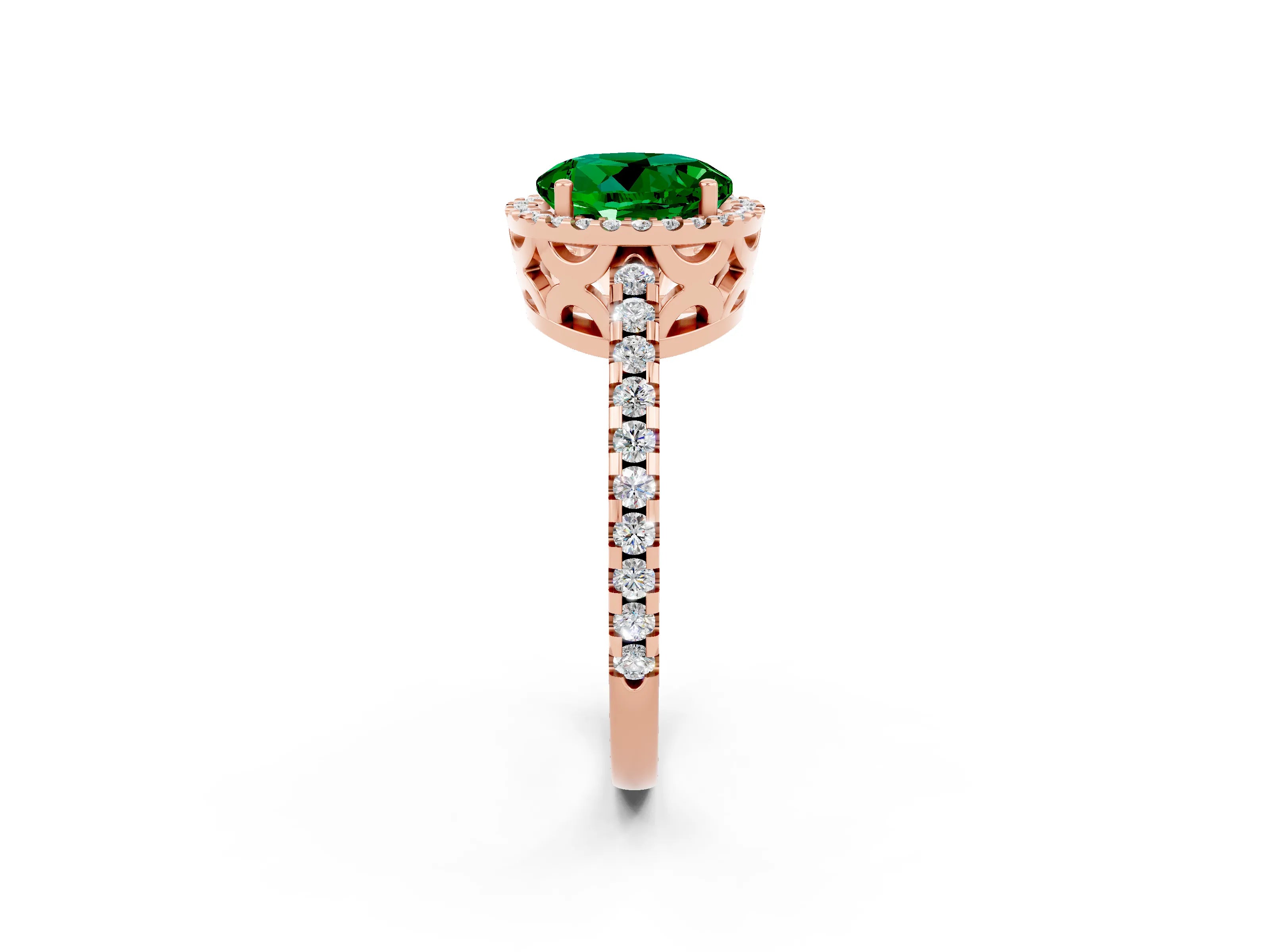 Rose gold Round Cut Emerald Halo Engagement Ring with Pavé Band and Prong Setting_14