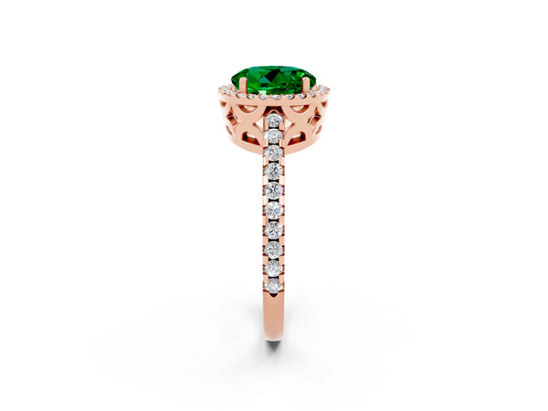 Rose gold Round Cut Emerald Halo Engagement Ring with Pavé Band and Prong Setting