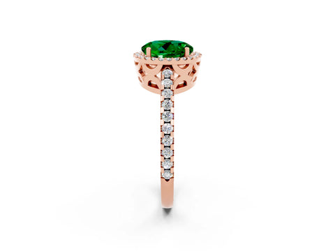 Rose gold Round Cut Emerald Halo Engagement Ring with Pavé Band and Prong Setting_14