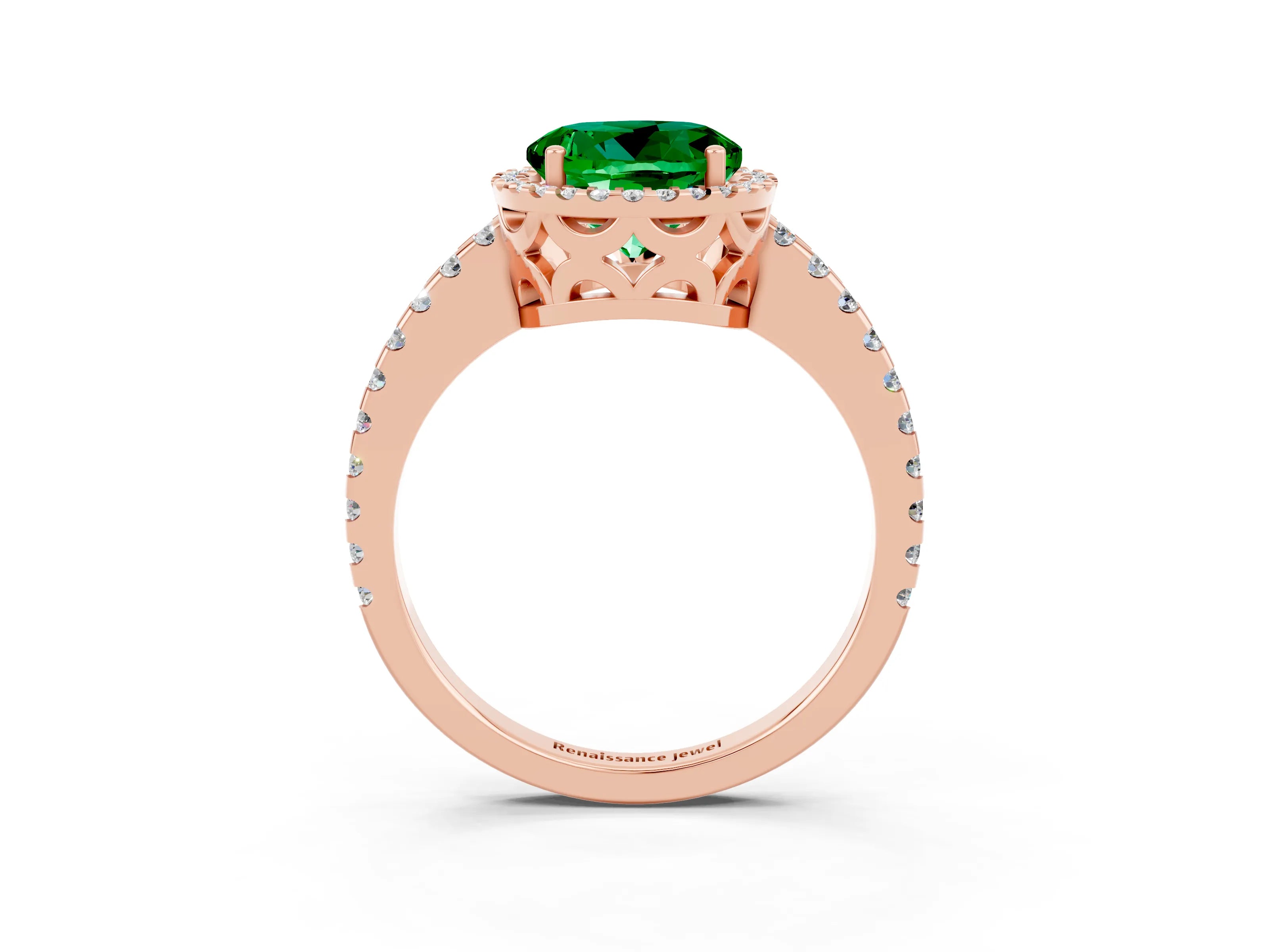 Rose gold Round Cut Emerald Halo Engagement Ring with Pavé Band and Prong Setting_15