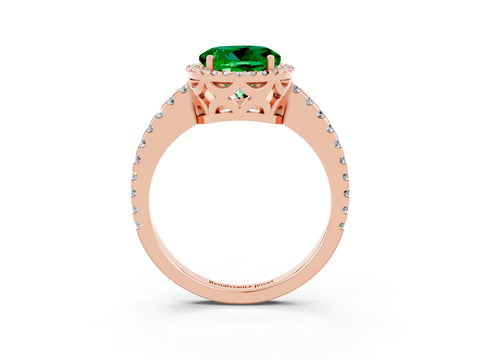Rose gold Round Cut Emerald Halo Engagement Ring with Pavé Band and Prong Setting_15